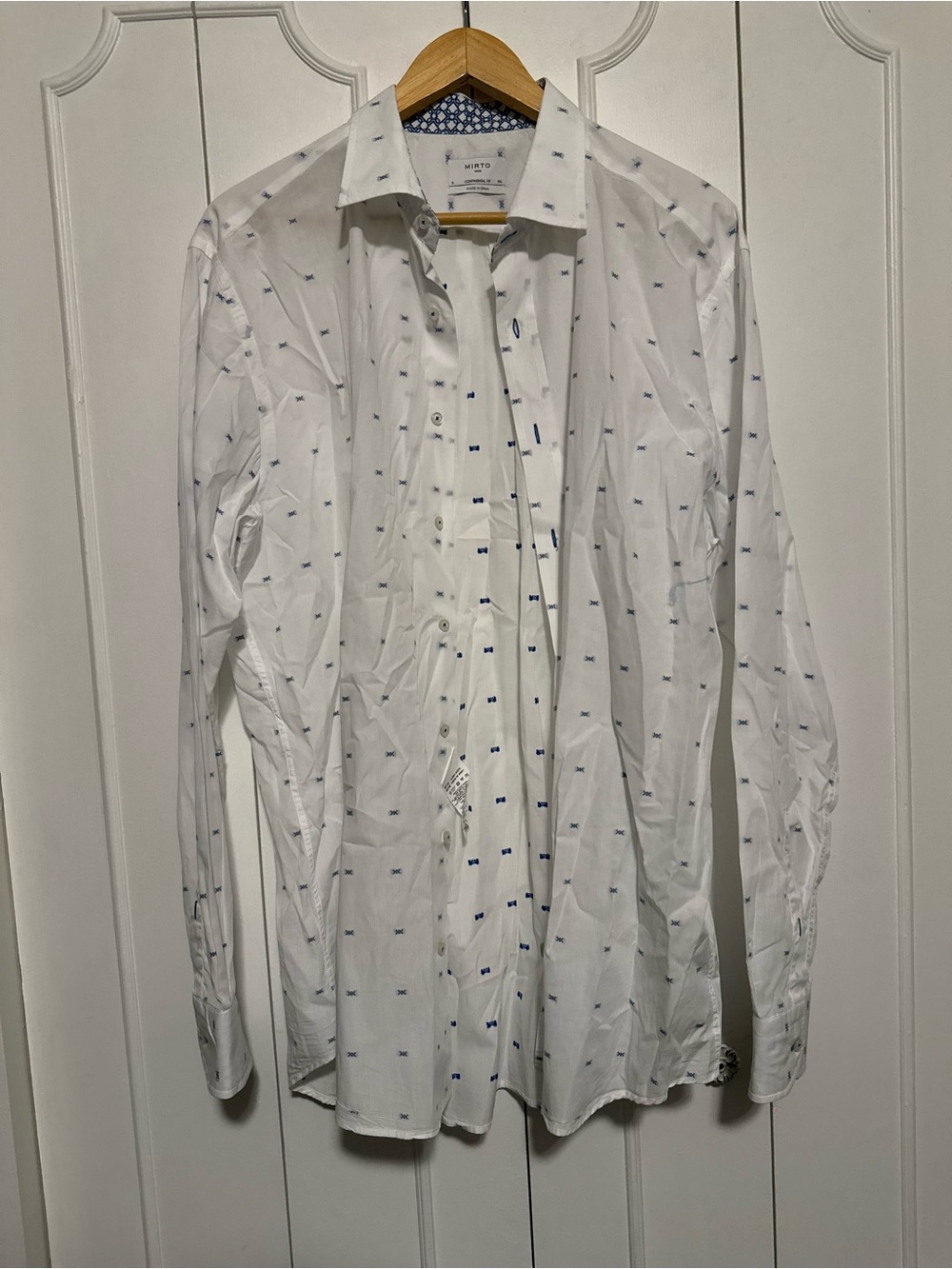 Men's White Dress Shirt with Small Blue Micro Motif